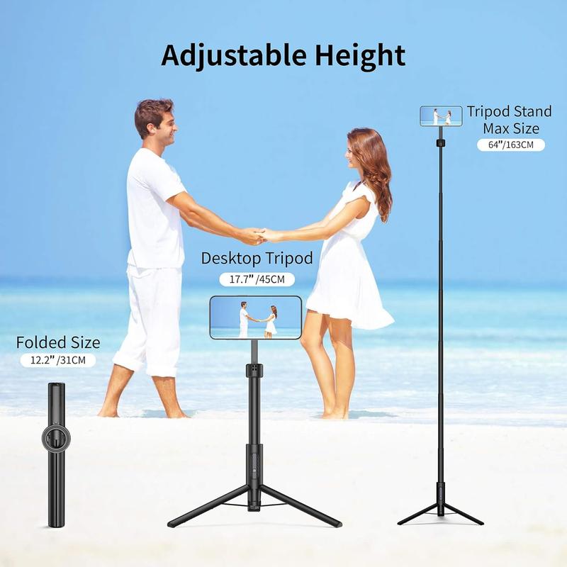 Magnetic Selfie Stick Tripod for iPhone & Android, 64” Compatible with MagSafe & Metal Ring Phones